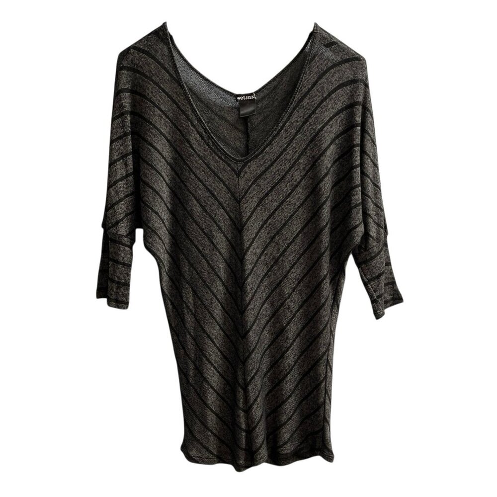 Vintage Wet Seal Y2K Sweater Womens M‎ Black Gray Striped Open Thin Knit V Neck